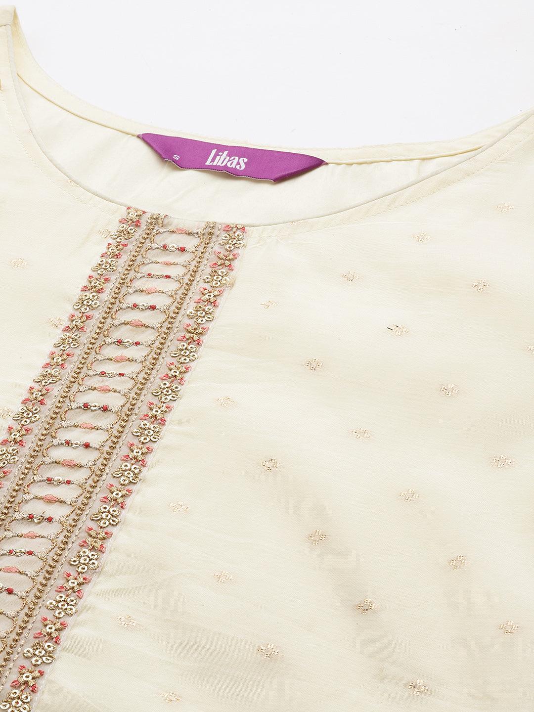 Cream Embroidered Chanderi Silk Straight Kurta - ShopLibas 