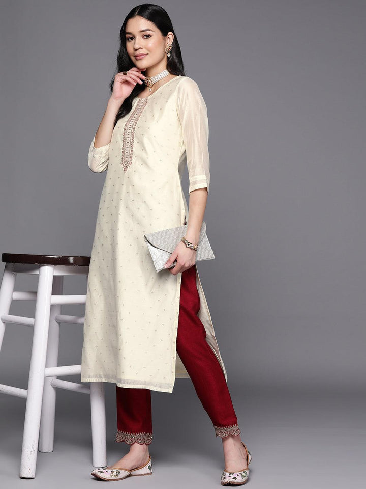 Cream Embroidered Chanderi Silk Straight Kurta