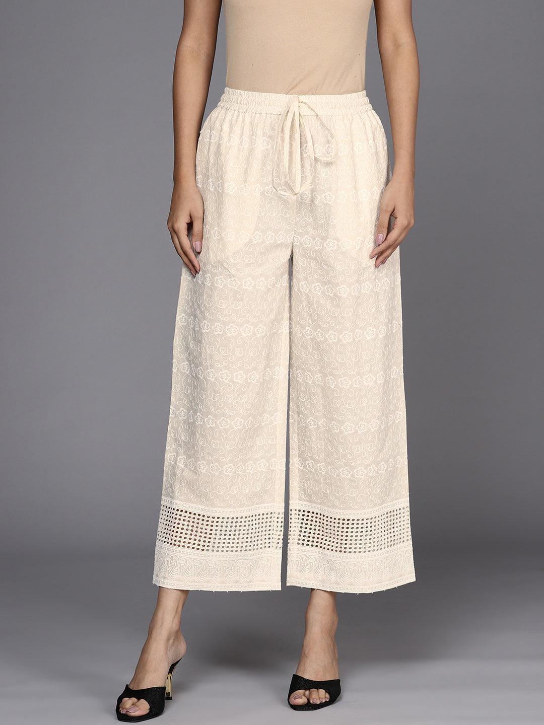 Cream Embroidered Cotton Palazzos - ShopLibas
