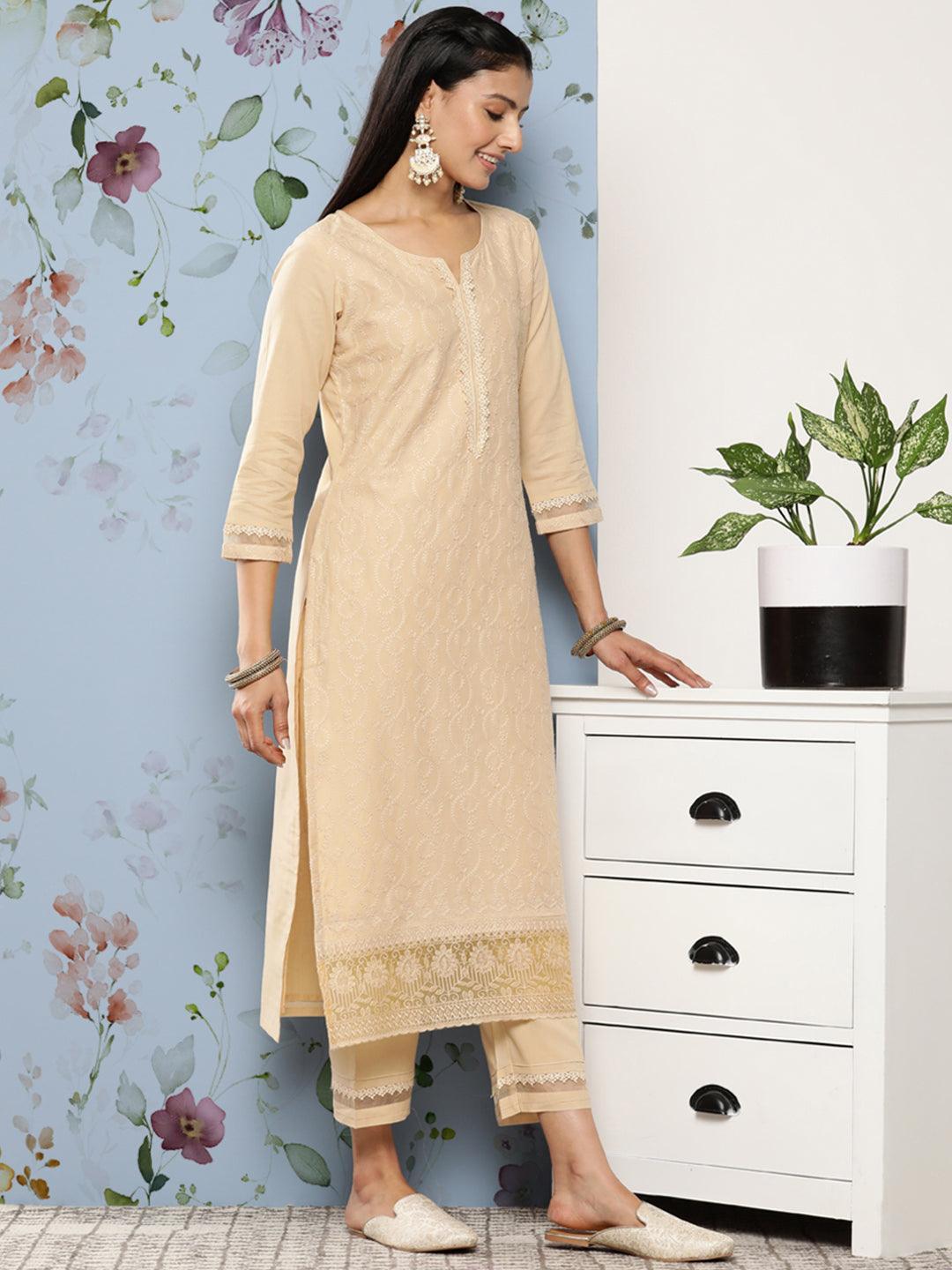 Cream Embroidered Cotton Suit Set With Trousers - ShopLibas 
