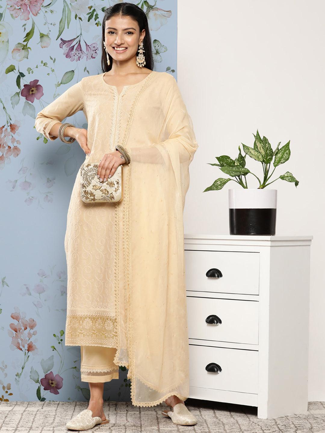 Cream Embroidered Cotton Suit Set With Trousers - ShopLibas 