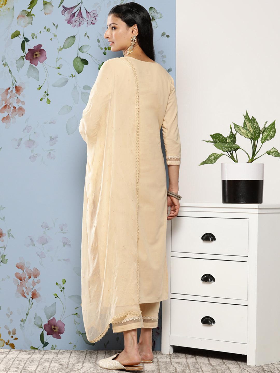 Cream Embroidered Cotton Suit Set With Trousers - ShopLibas 