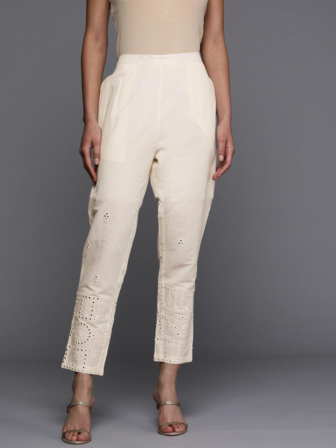 Cream Embroidered Cotton Trousers - ShopLibas