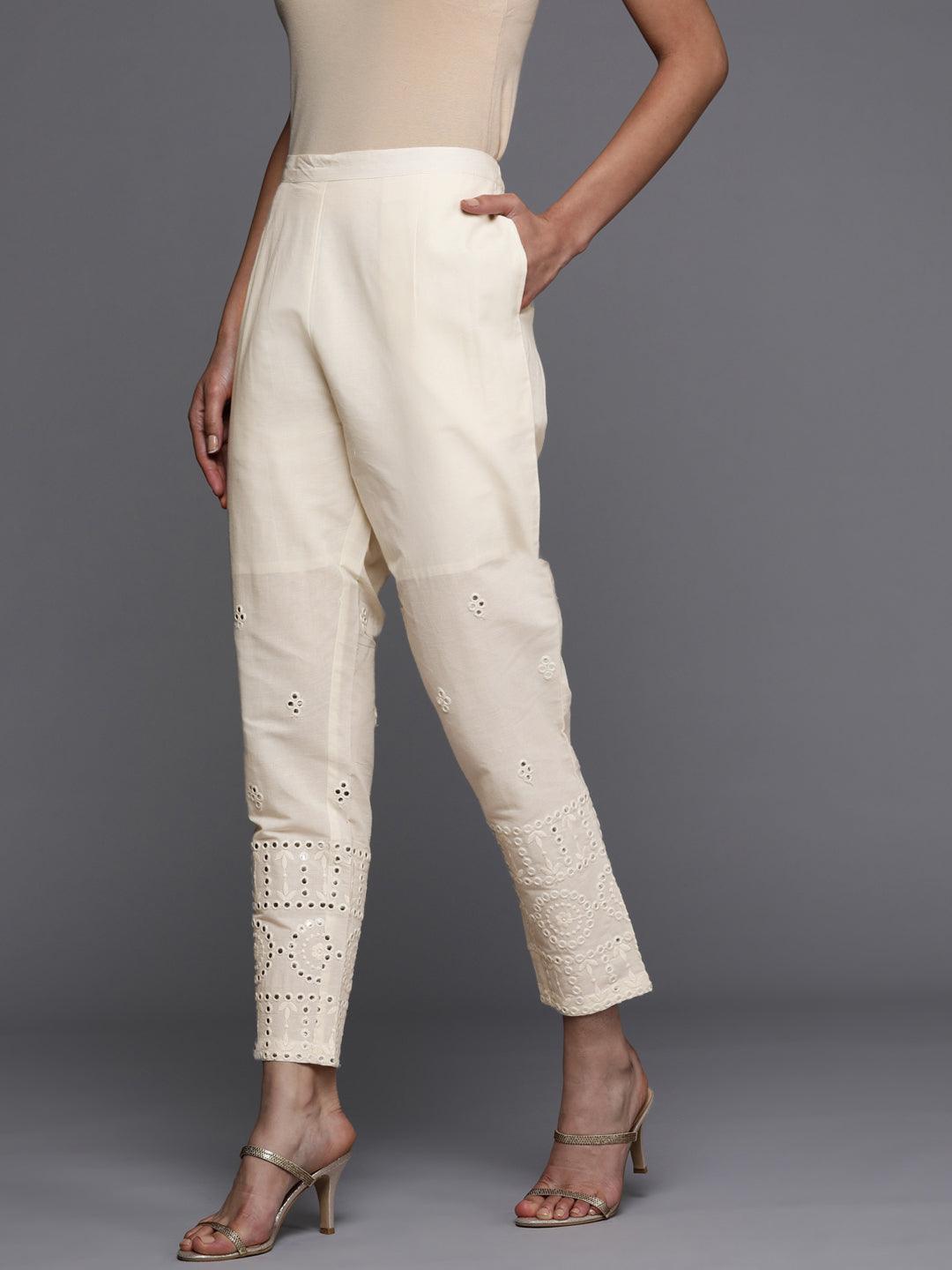 Cream Embroidered Cotton Trousers - ShopLibas 