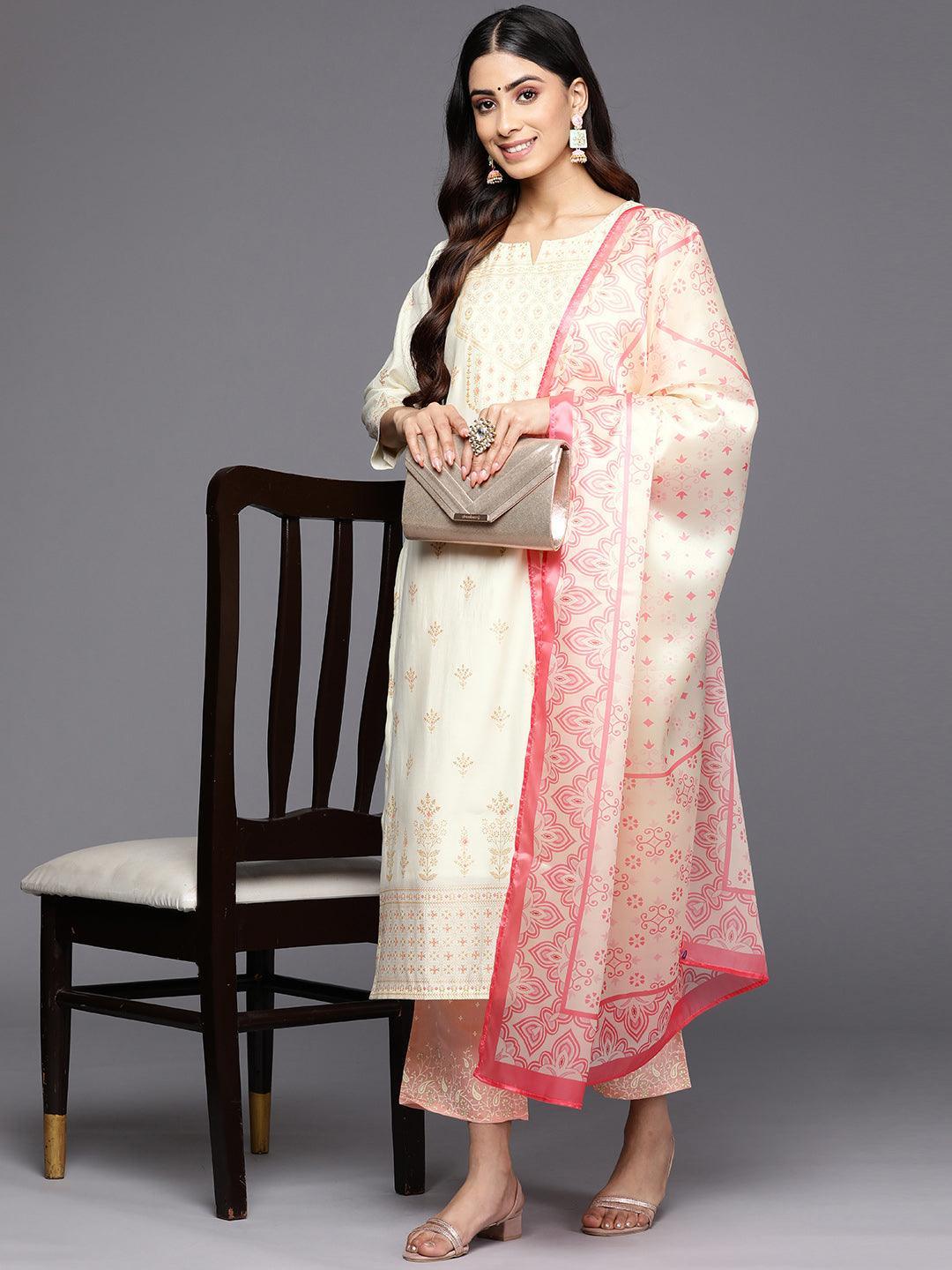 Cream Printed Chanderi Silk Straight Suit Set With Trousers - ShopLibas 