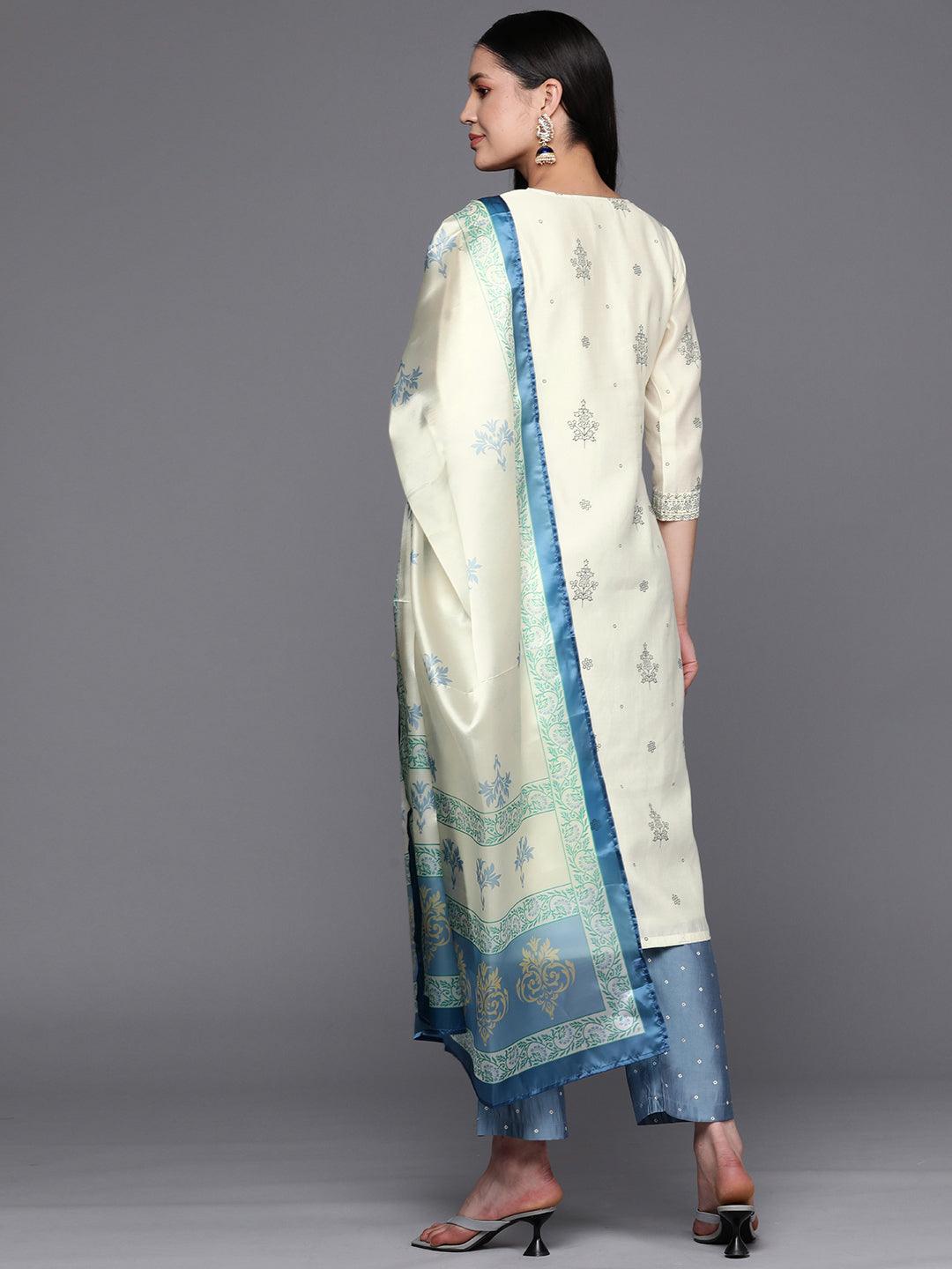Cream Printed Chanderi Silk Straight Suit Set With Trousers - ShopLibas 
