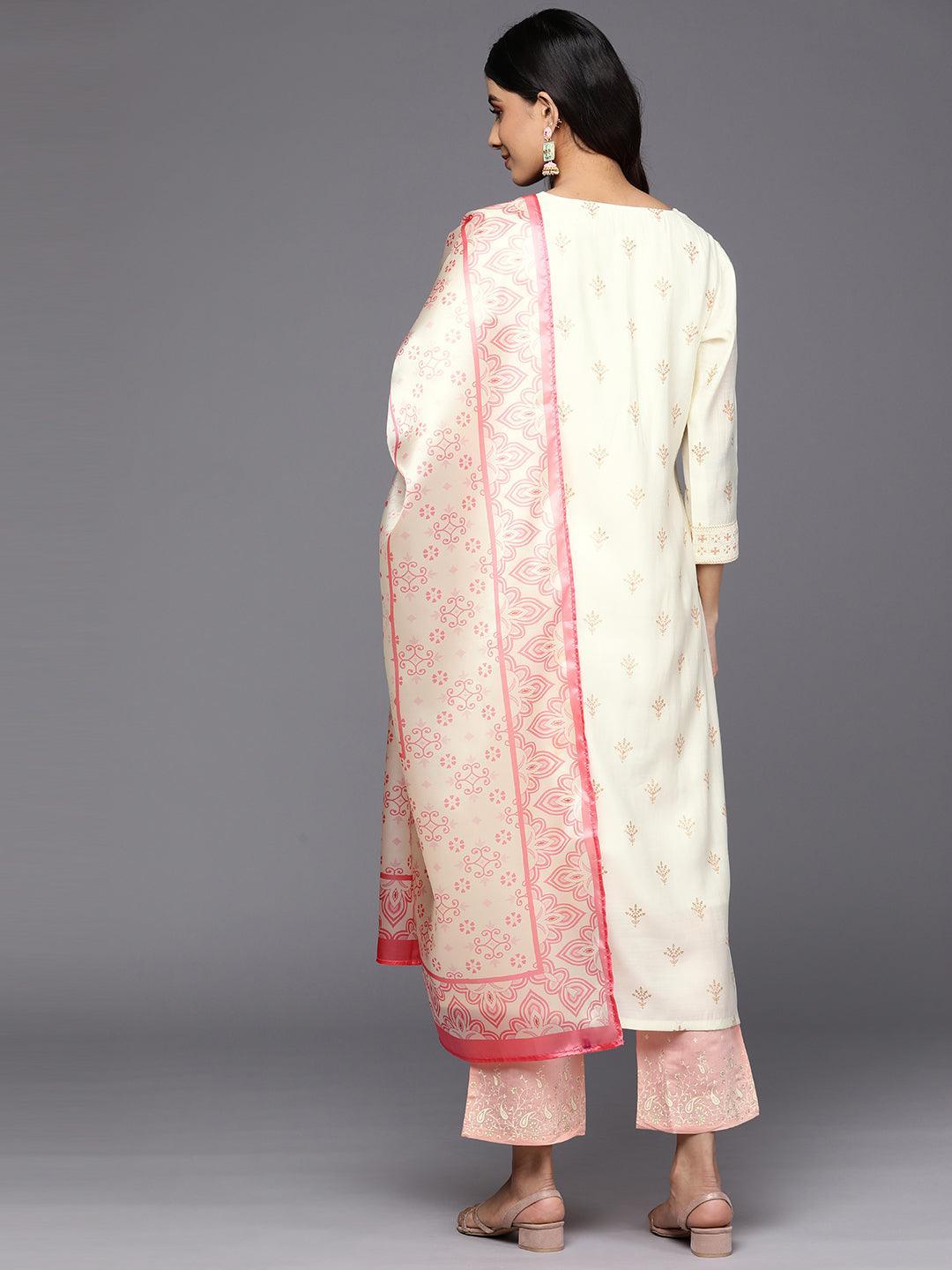 Cream Printed Chanderi Silk Straight Suit Set With Trousers - ShopLibas 