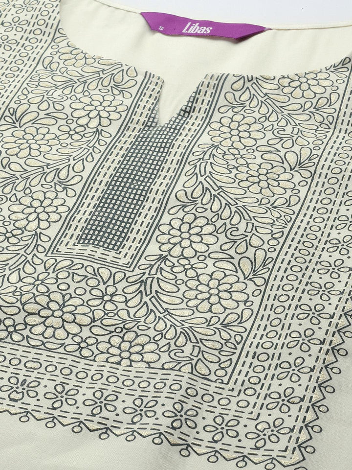 Cream Printed Chanderi Silk Straight Suit Set With Trousers