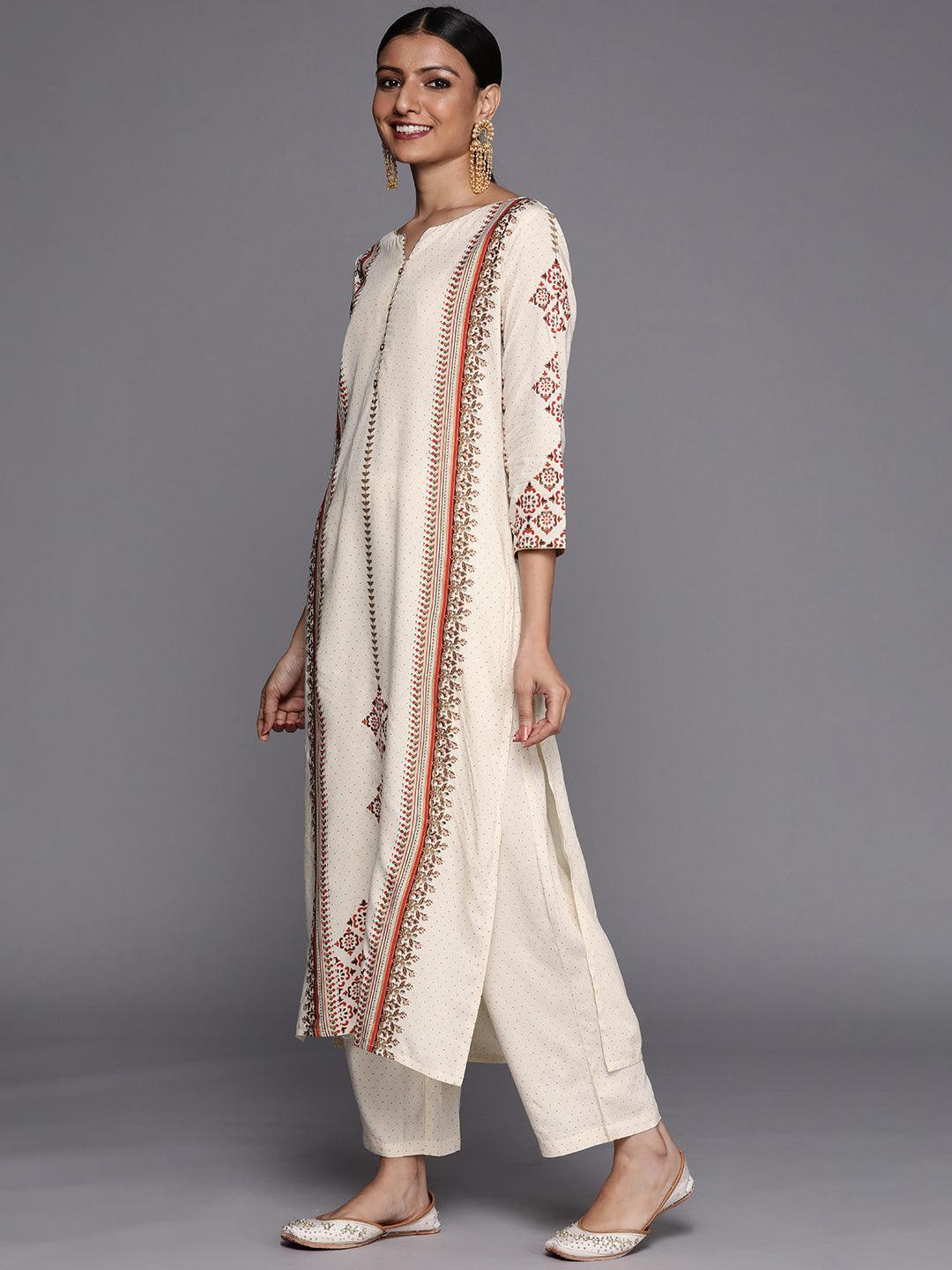 Cream Printed Cotton Blend Straight Suit Set - ShopLibas 