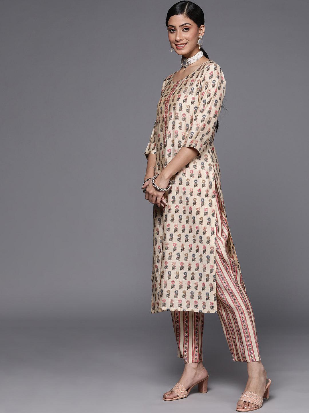 Cream Printed Silk Blend Straight Suit Set - ShopLibas 