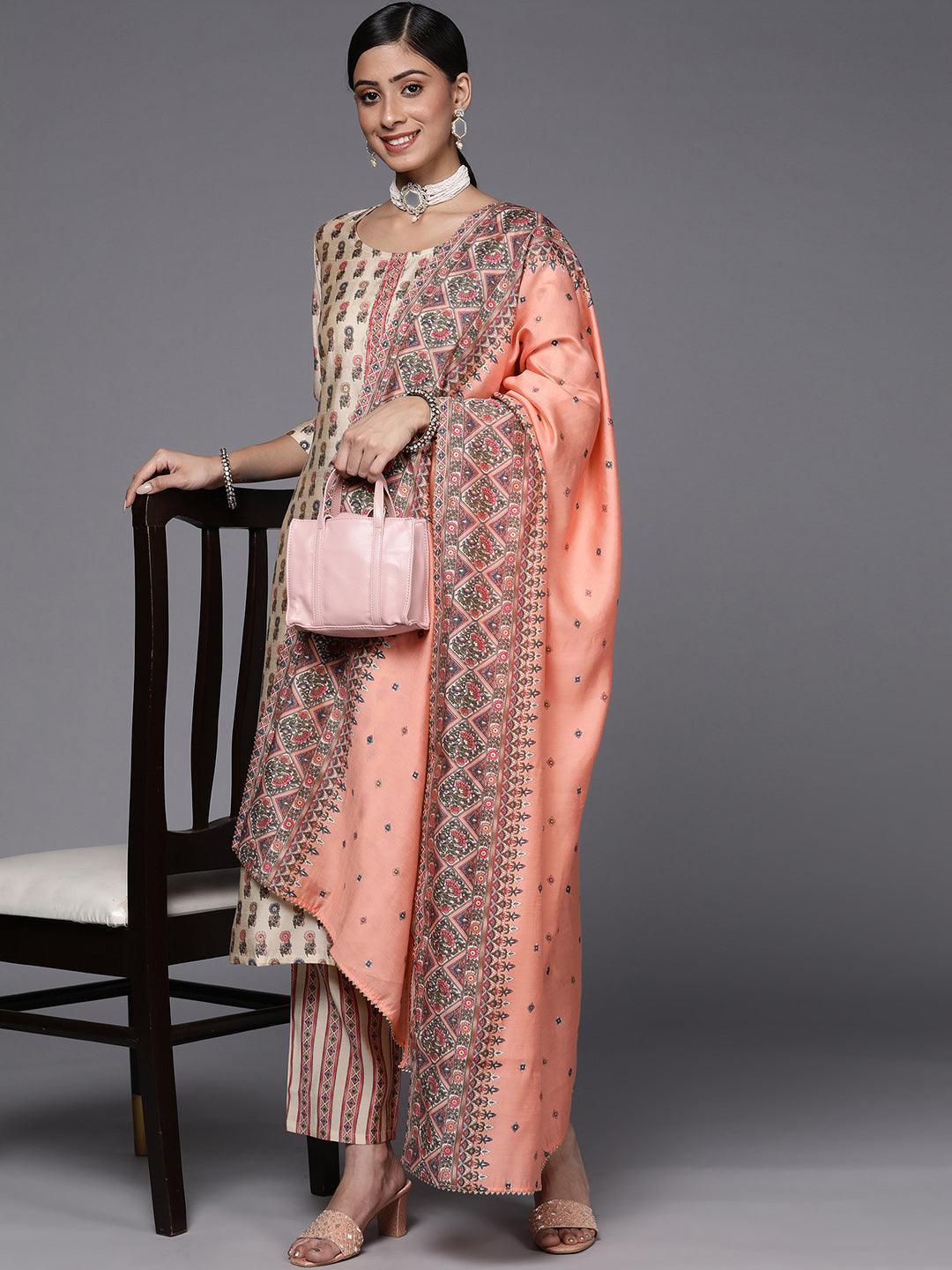 Cream Printed Silk Blend Straight Suit Set - ShopLibas 