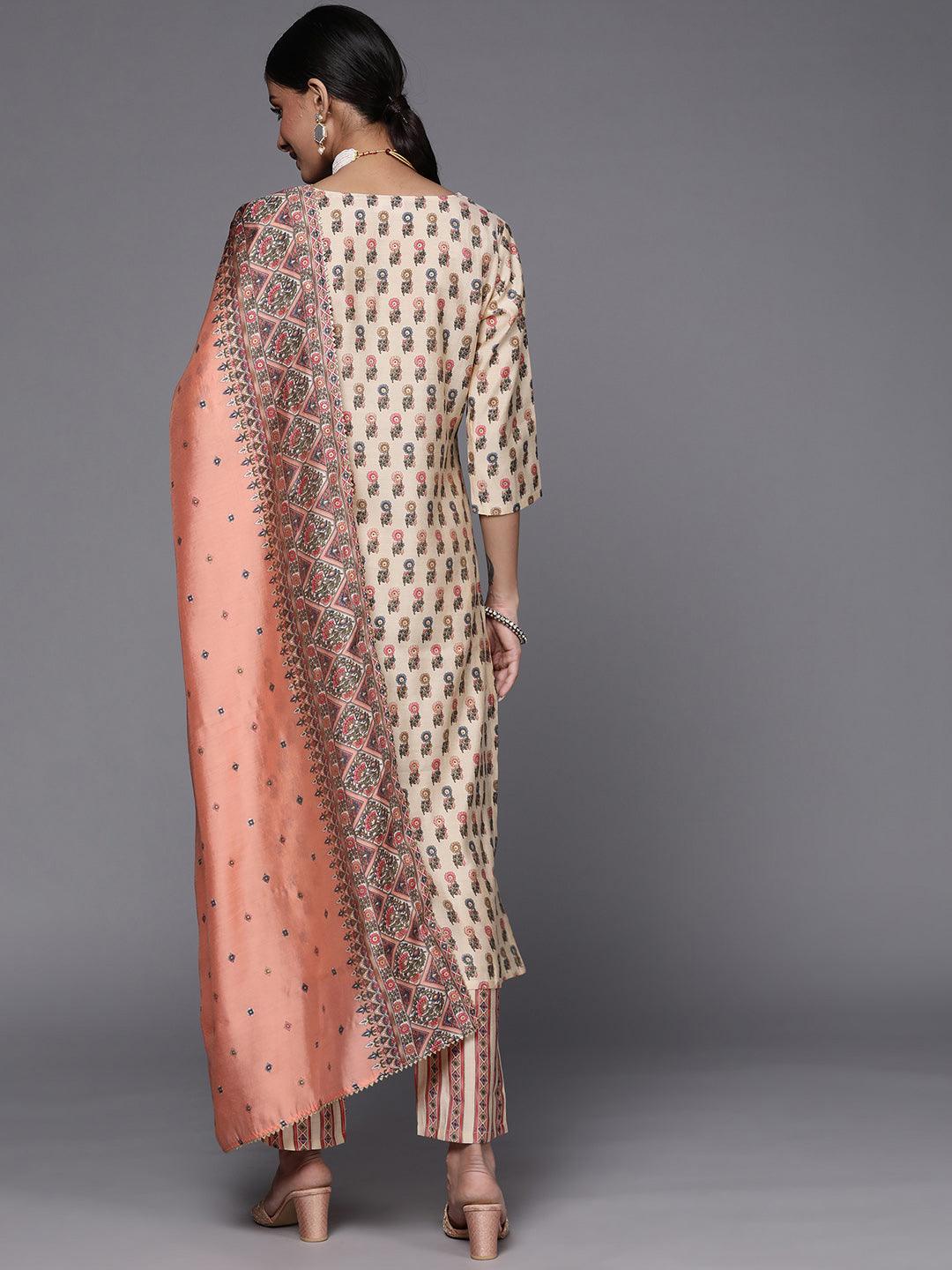 Cream Printed Silk Blend Straight Suit Set - ShopLibas 