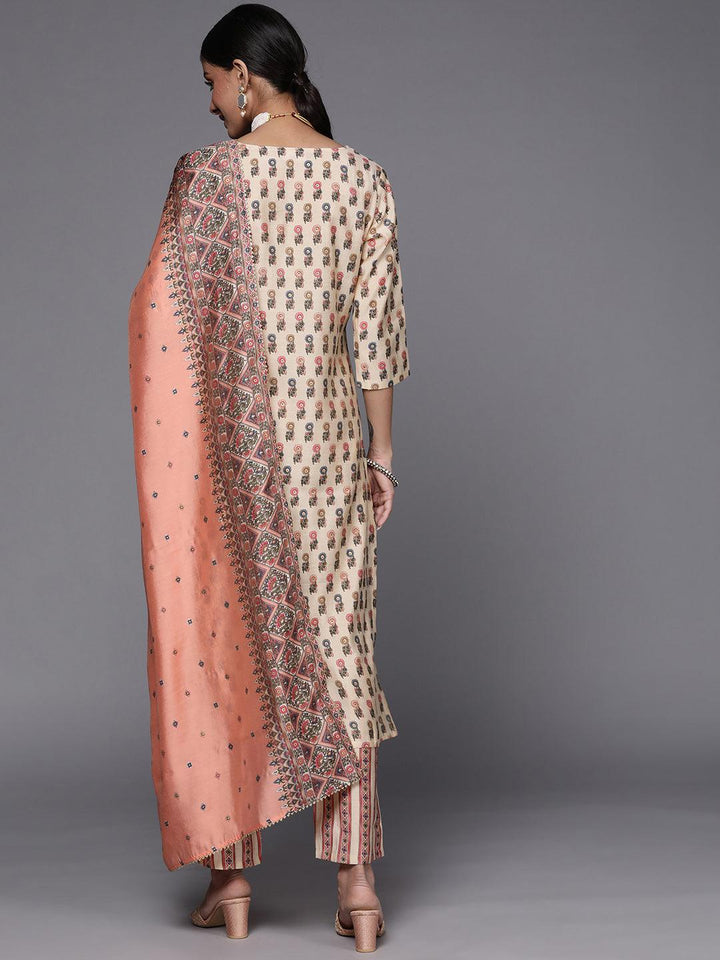 Cream Printed Silk Blend Straight Suit Set