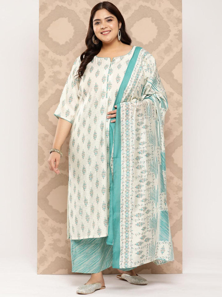 Cream Printed Silk Blend Straight Kurta With Palazzos and Dupatta