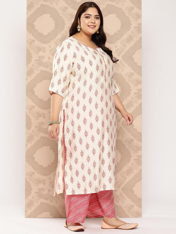Cream Printed Silk Blend Straight Kurta With Palazzos and Dupatta