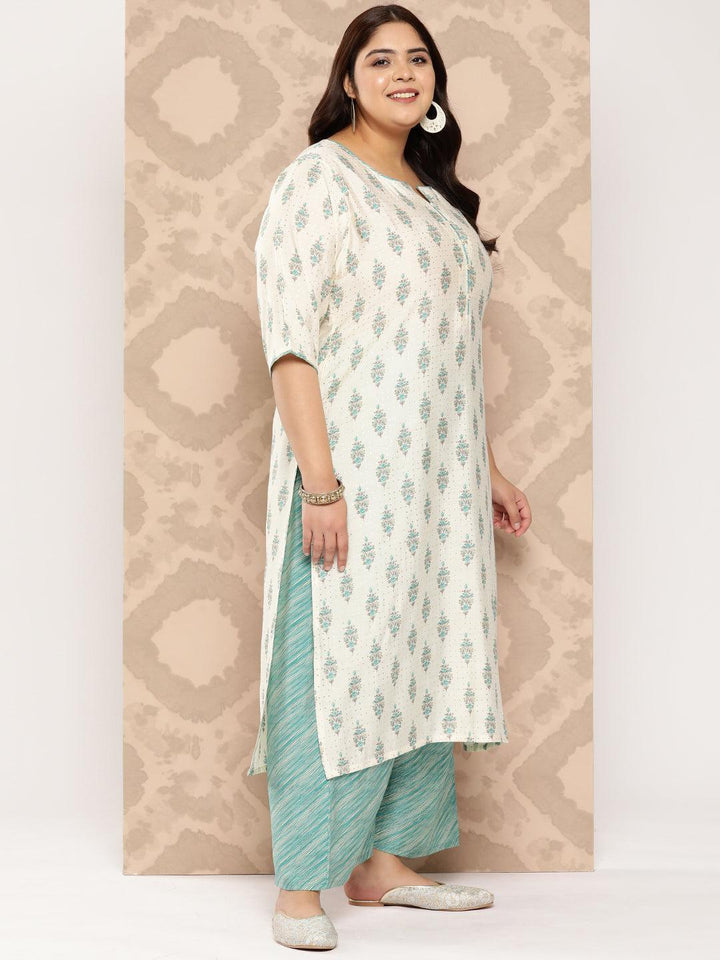 Cream Printed Silk Blend Straight Kurta With Palazzos and Dupatta