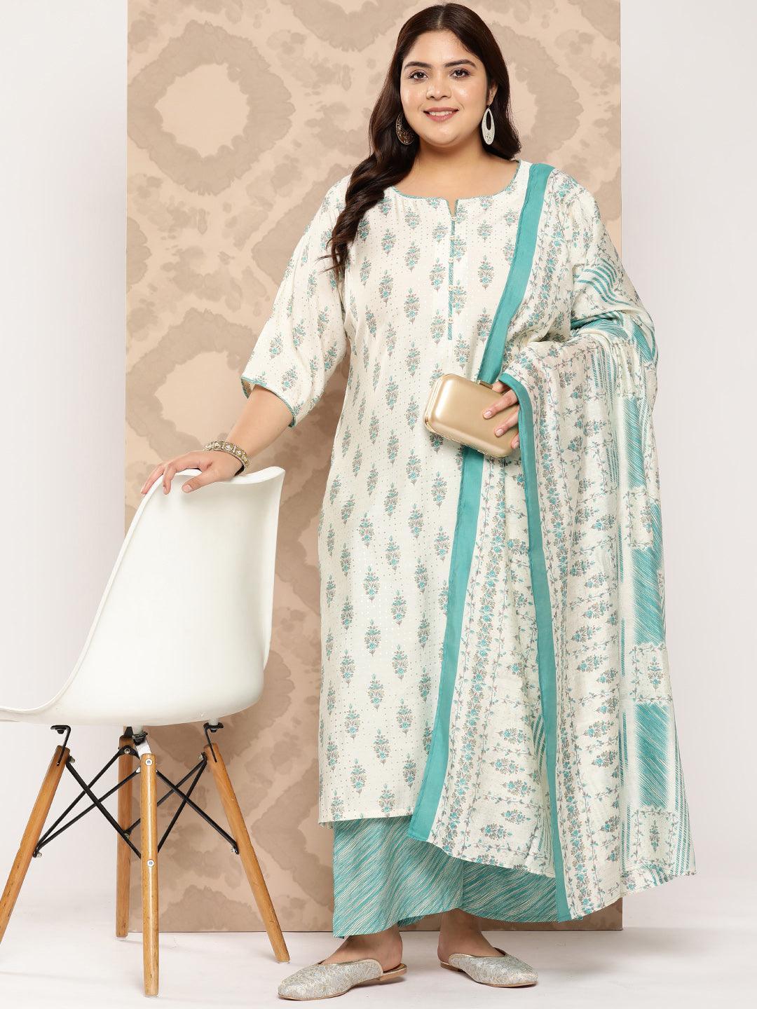 Cream Printed Silk Blend Straight Kurta With Palazzos and Dupatta - Libas 