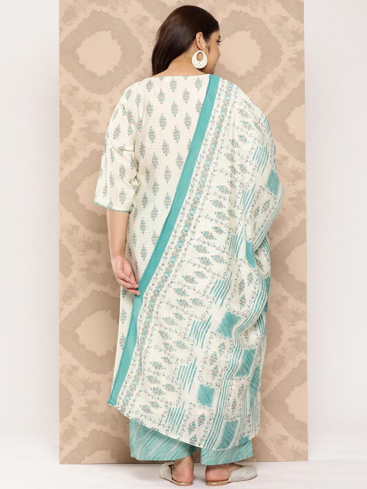 Cream Printed Silk Blend Straight Kurta With Palazzos and Dupatta