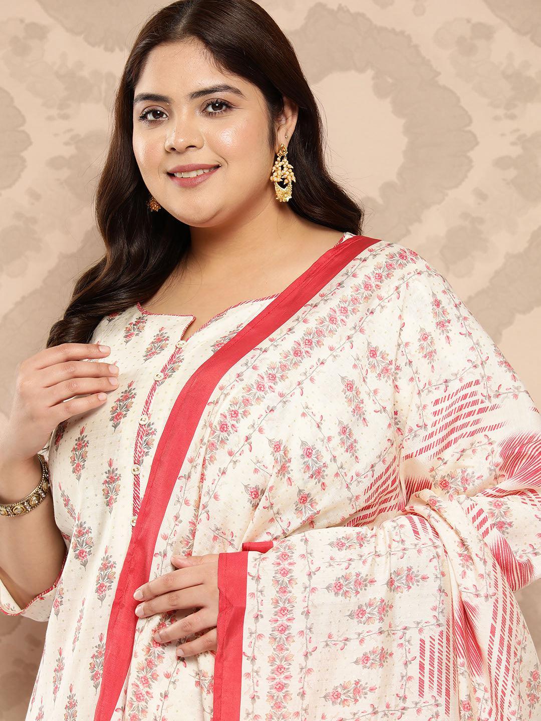 Cream Printed Silk Blend Straight Kurta With Palazzos and Dupatta - Libas 