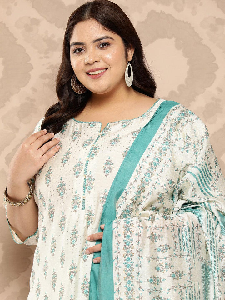 Cream Printed Silk Blend Straight Kurta With Palazzos and Dupatta