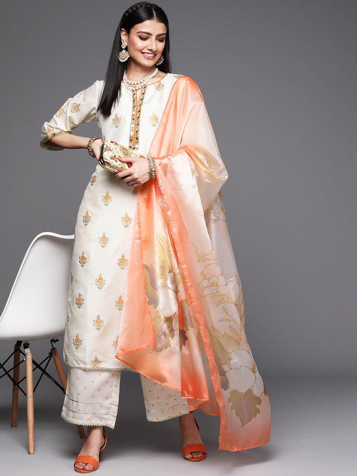 Cream Printed Silk Suit Set - ShopLibas
