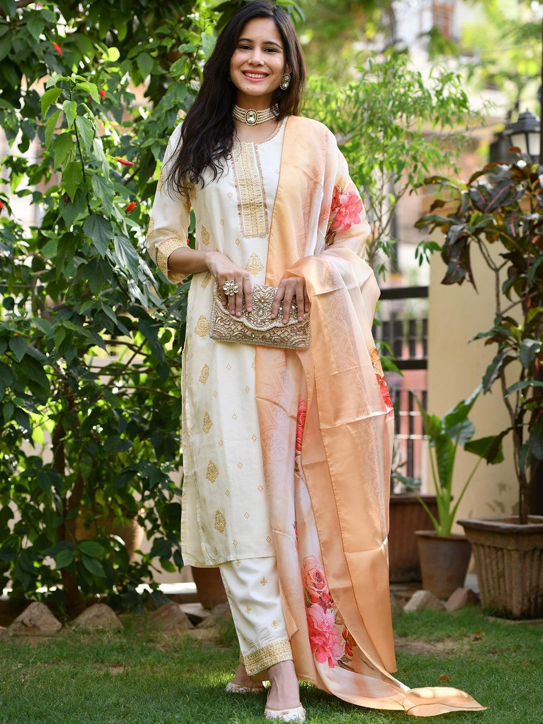 Cream Printed Silk Suit Set - ShopLibas