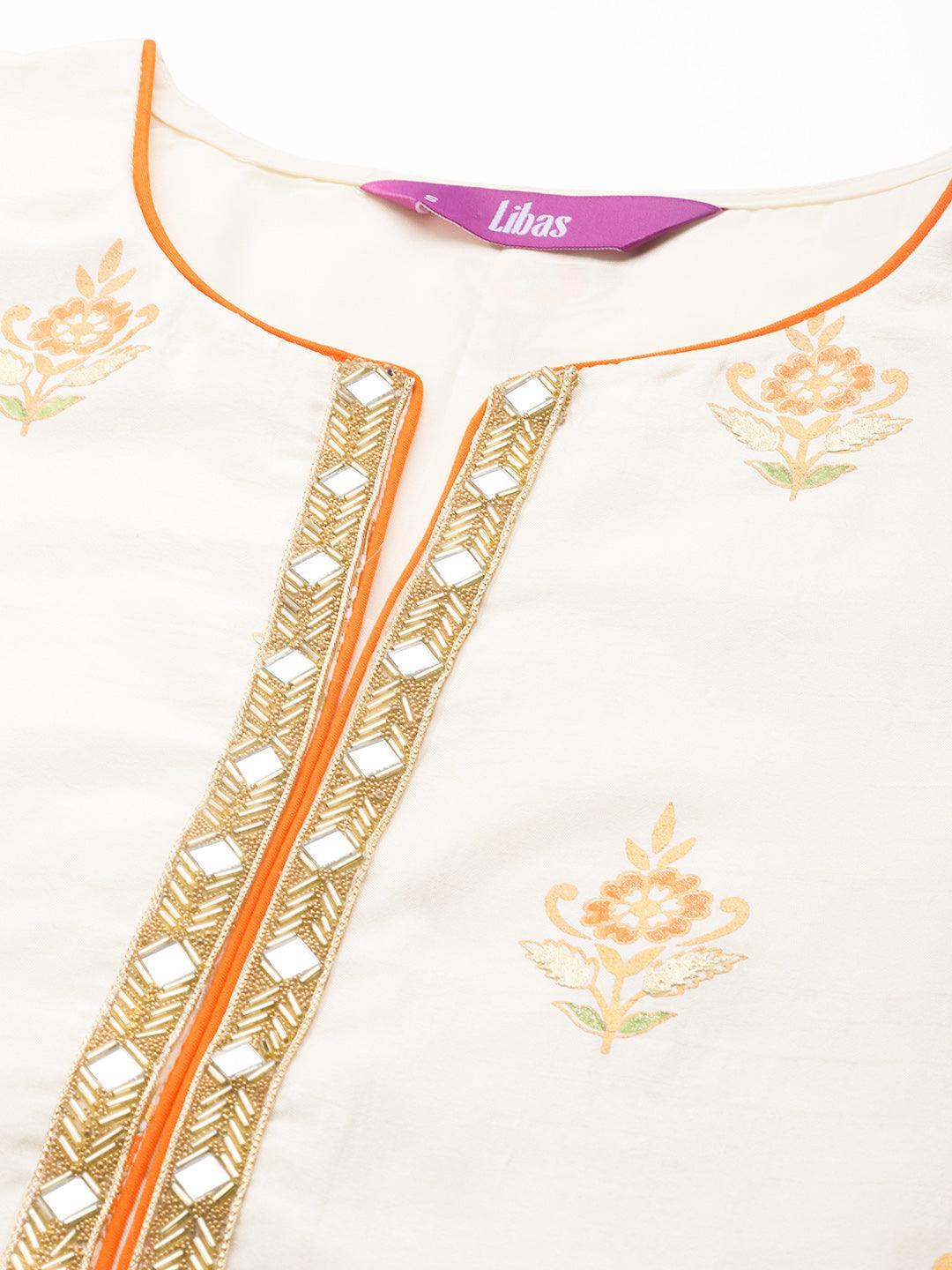 Cream Printed Silk Suit Set - ShopLibas