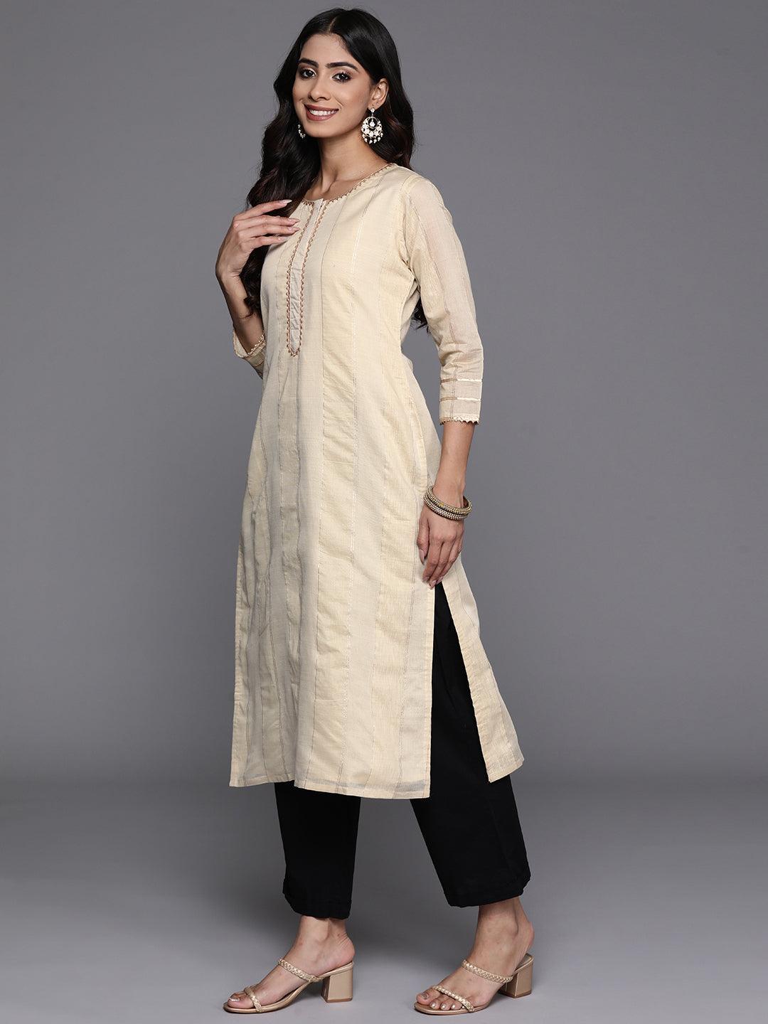 Cream Woven Design Chanderi Silk Straight Kurta - Libas 