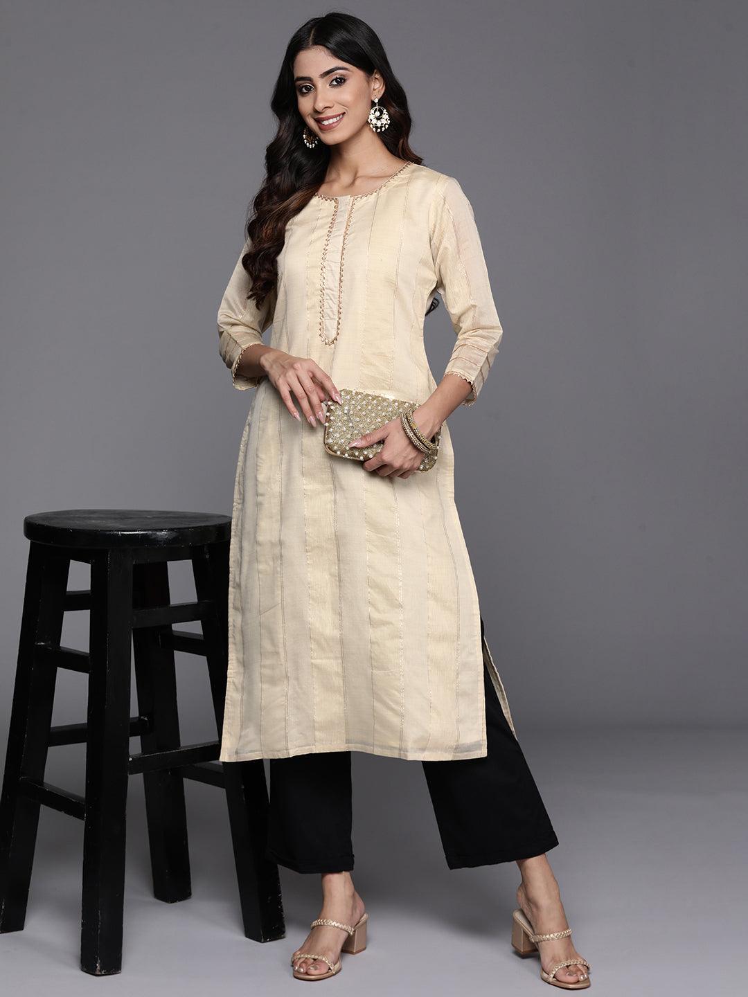 Cream Woven Design Chanderi Silk Straight Kurta - Libas 