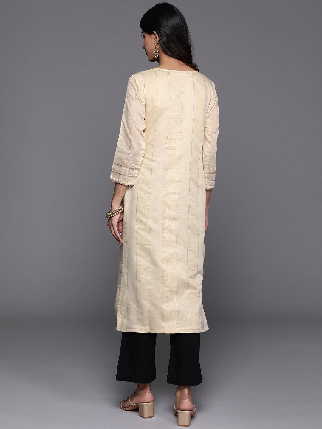 Cream Woven Design Chanderi Silk Straight Kurta - Libas 