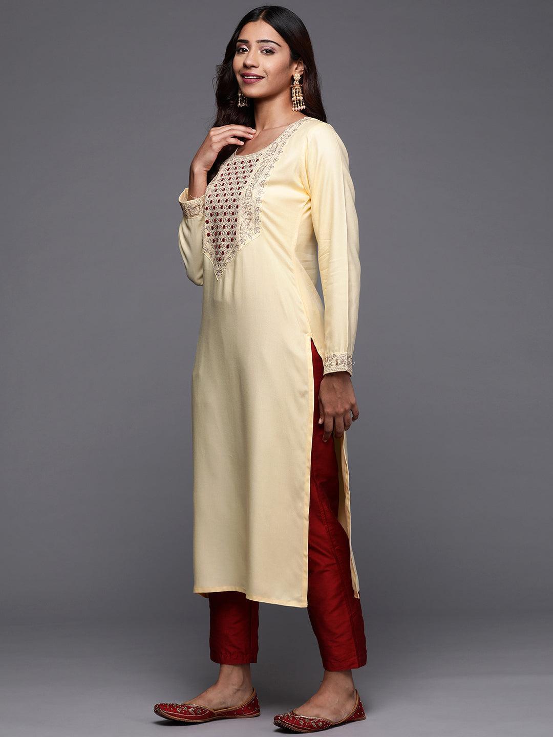 Cream Yoke Design Pashmina Wool Straight Kurta - Libas 