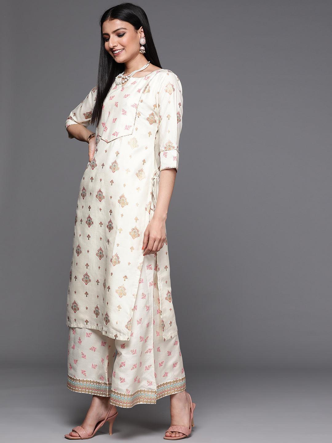 Cream Yoke Design Silk Suit Set - ShopLibas