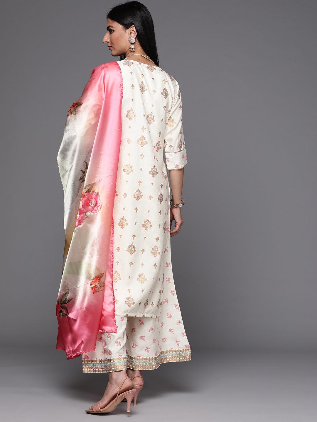 Cream Yoke Design Silk Suit Set - ShopLibas