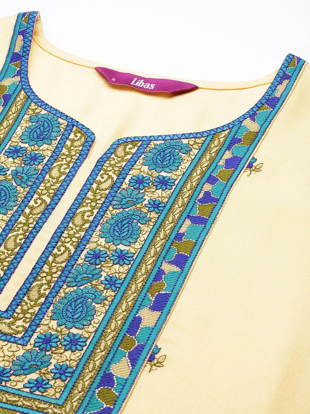 Cream Yoke Design Wool Straight Kurta - Libas 