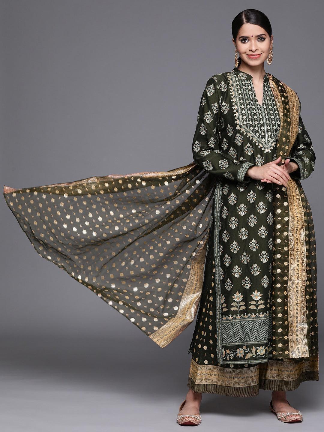 Green Printed Silk Blend Suit Set - ShopLibas