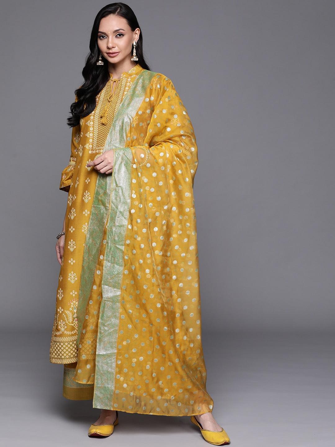 Yellow Printed Silk Blend Suit Set - ShopLibas