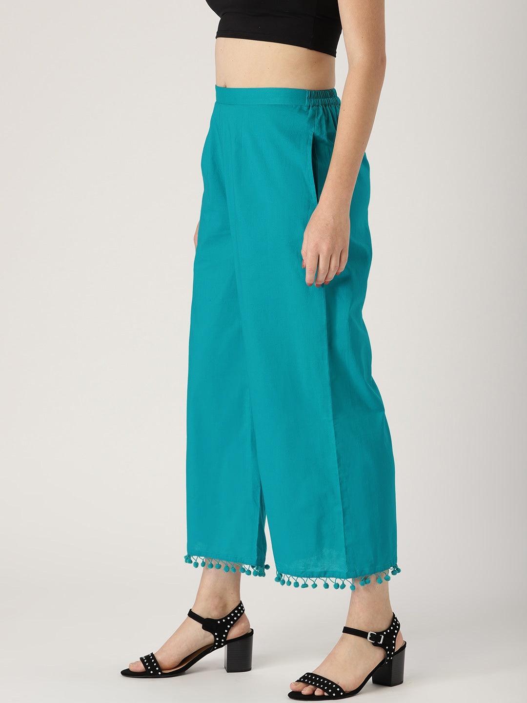 Blue Solid Cotton Palazzos - ShopLibas 