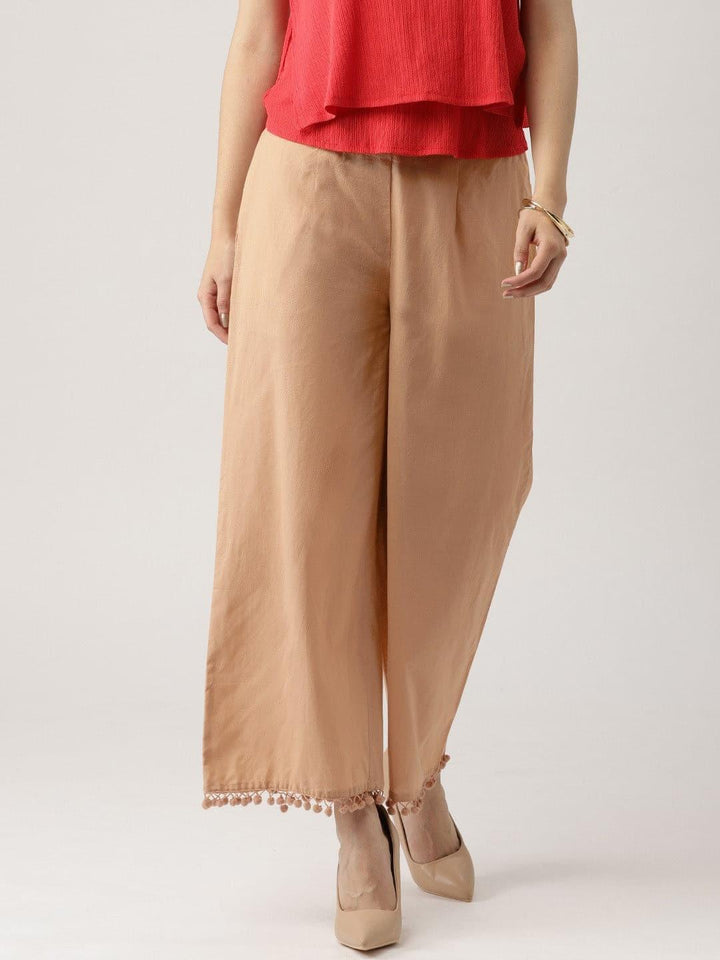 Beige Solid Cotton Palazzos - ShopLibas