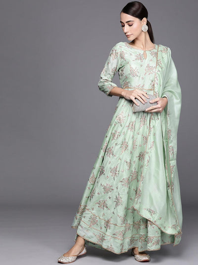 Green Printed Silk Blend Anarkali Dress With Dupatta - ShopLibas