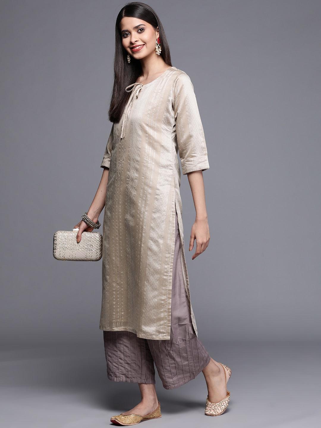 Grey Woven Design Chanderi Silk Kurta - ShopLibas