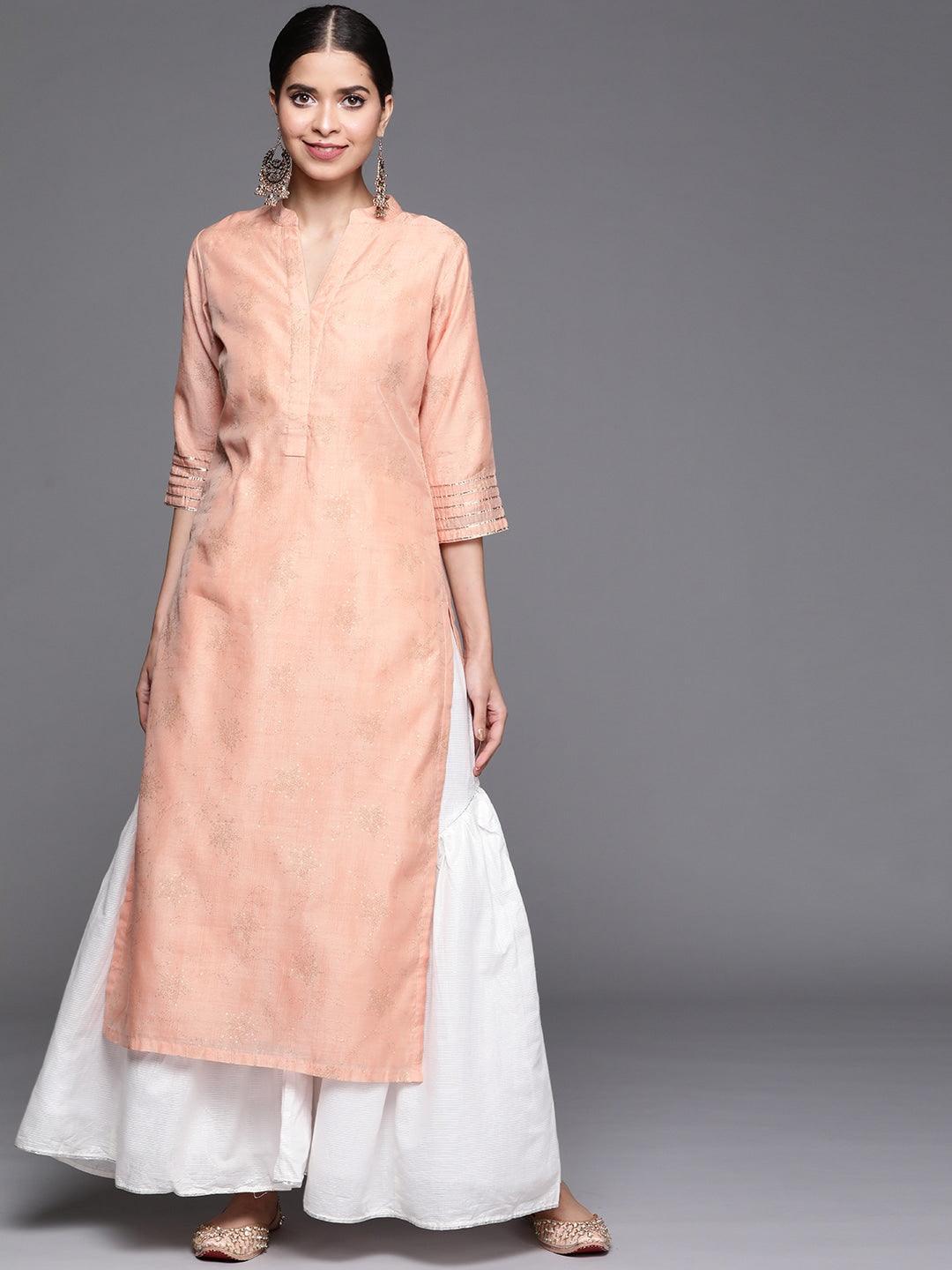 Peach Printed Chanderi Silk Kurta - ShopLibas