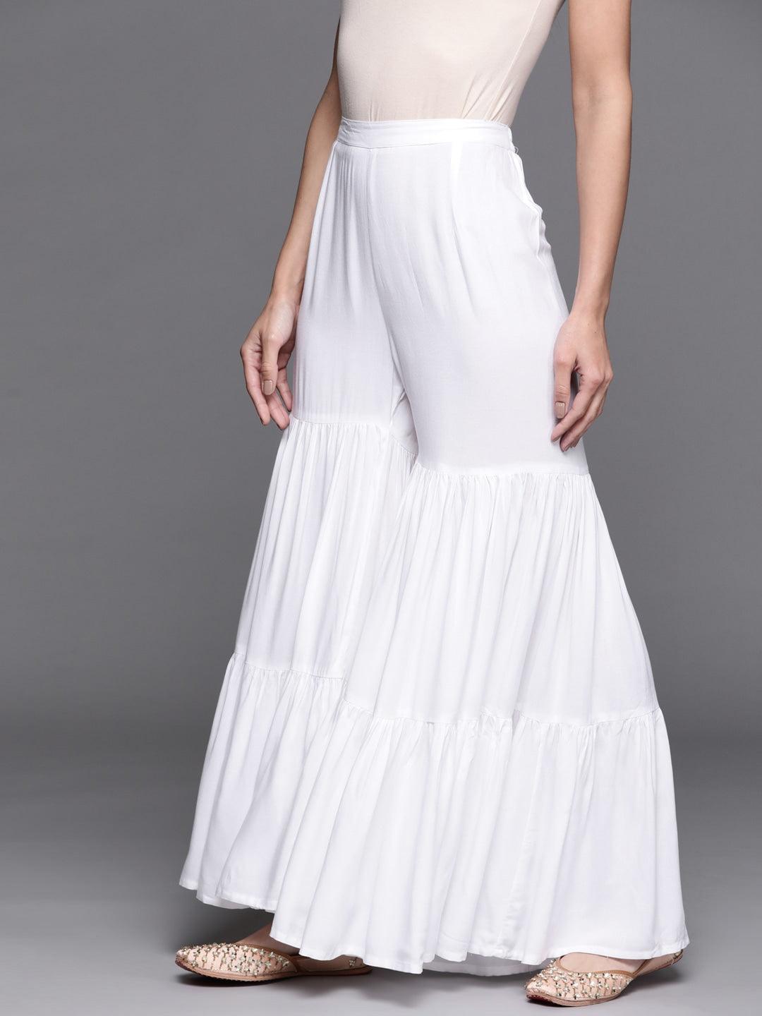 White Solid Rayon Sharara Pants - ShopLibas 