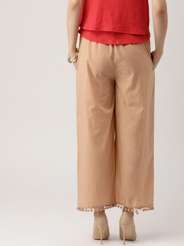 Beige Solid Cotton Palazzos - ShopLibas