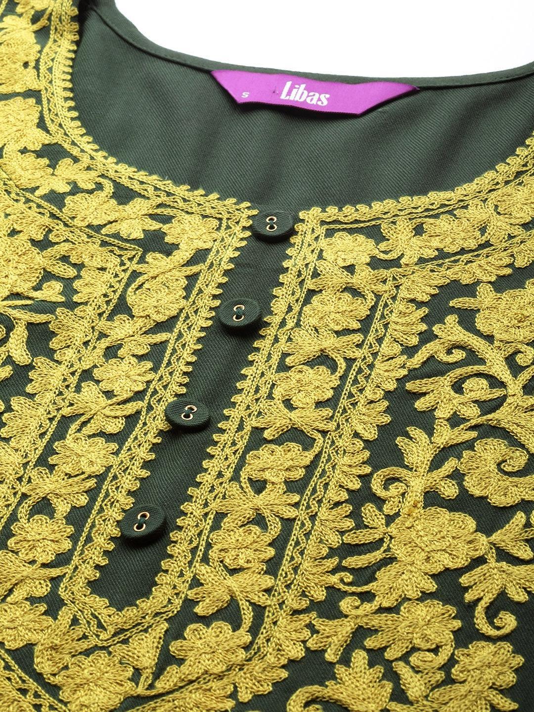 Green Printed Pashmina Wool Kurta - ShopLibas