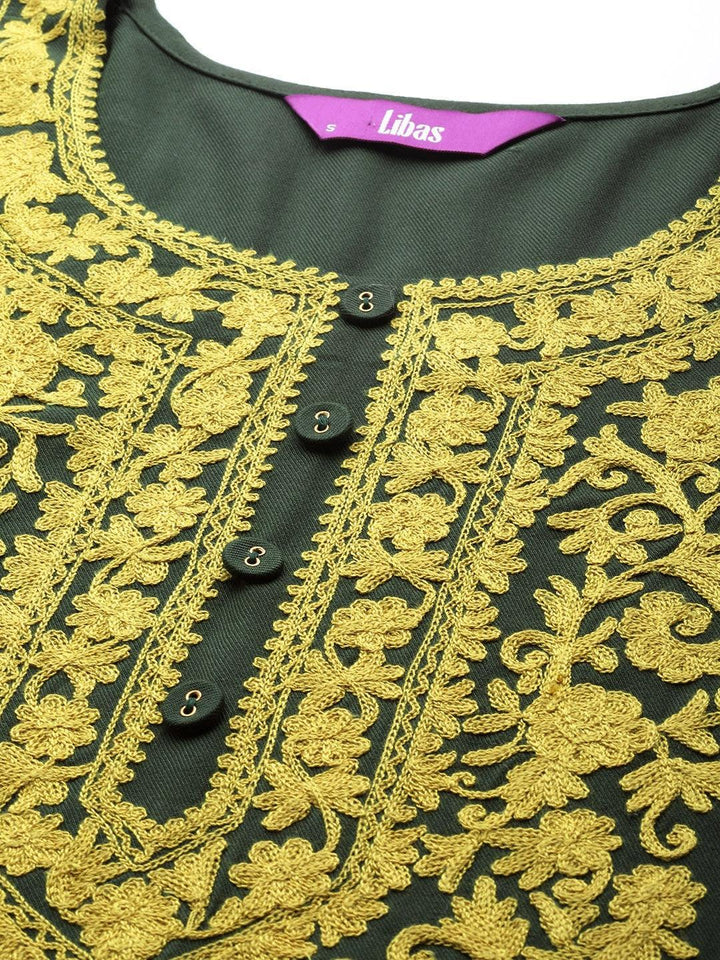 Green Printed Pashmina Wool Kurta - ShopLibas