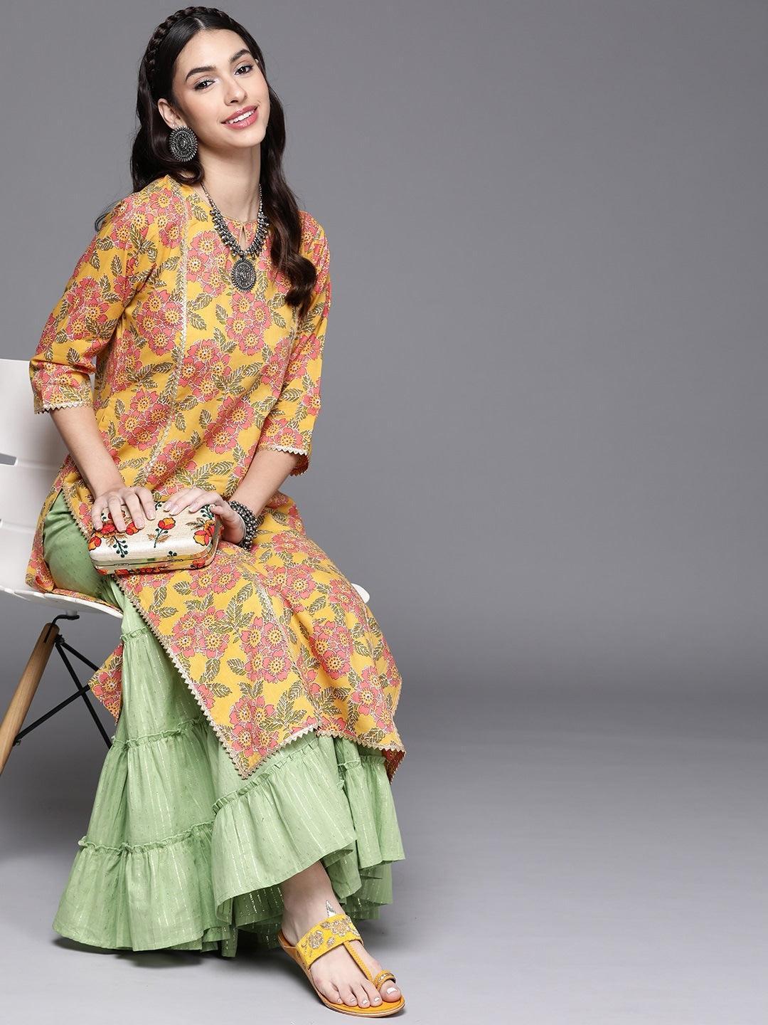 Yellow Printed Cotton Kurta - ShopLibas