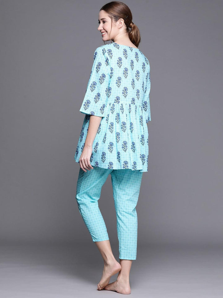 Blue Printed Cotton Night Suit - ShopLibas