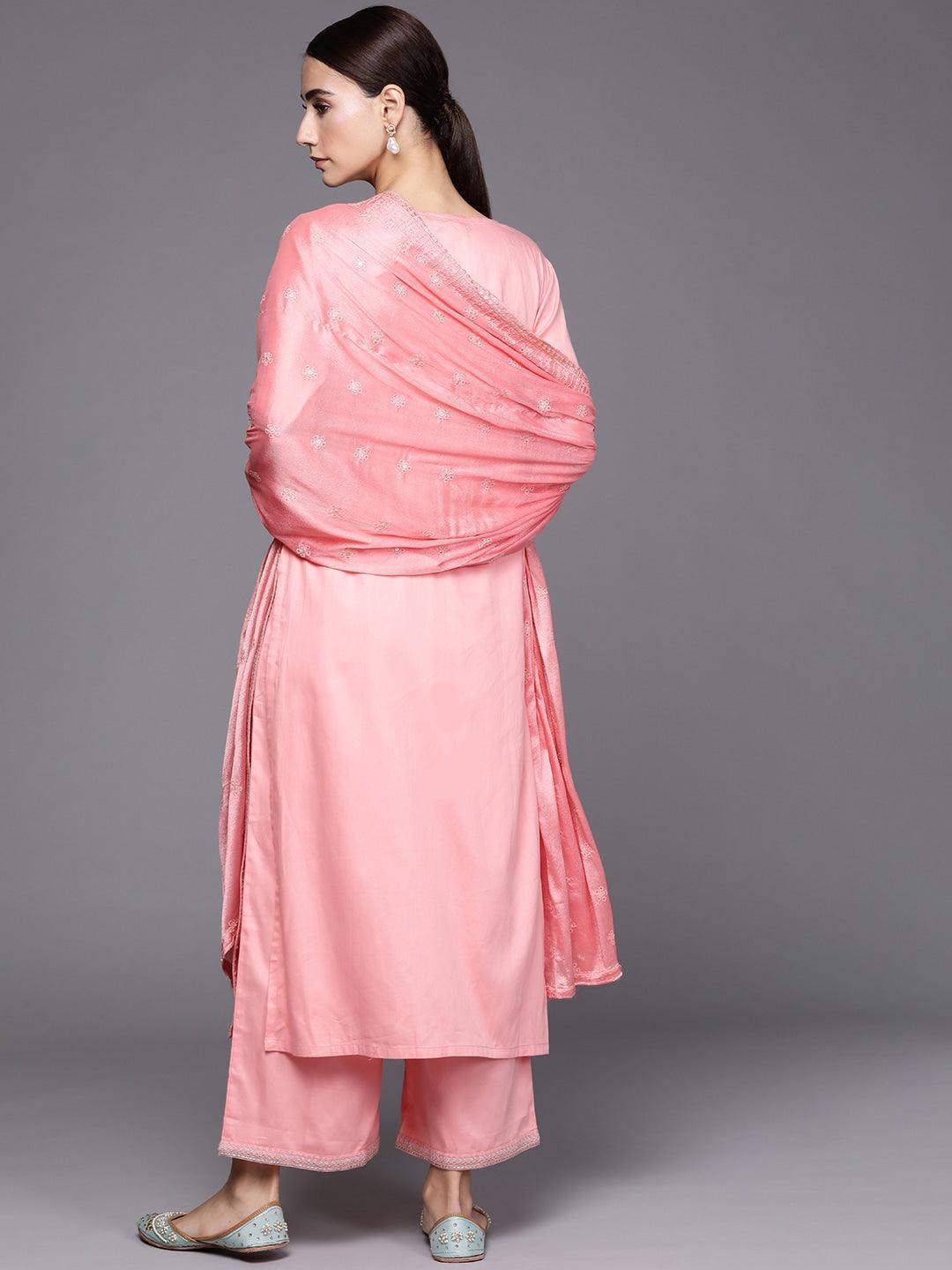 Pink Embroidered Silk Blend Suit Set - ShopLibas