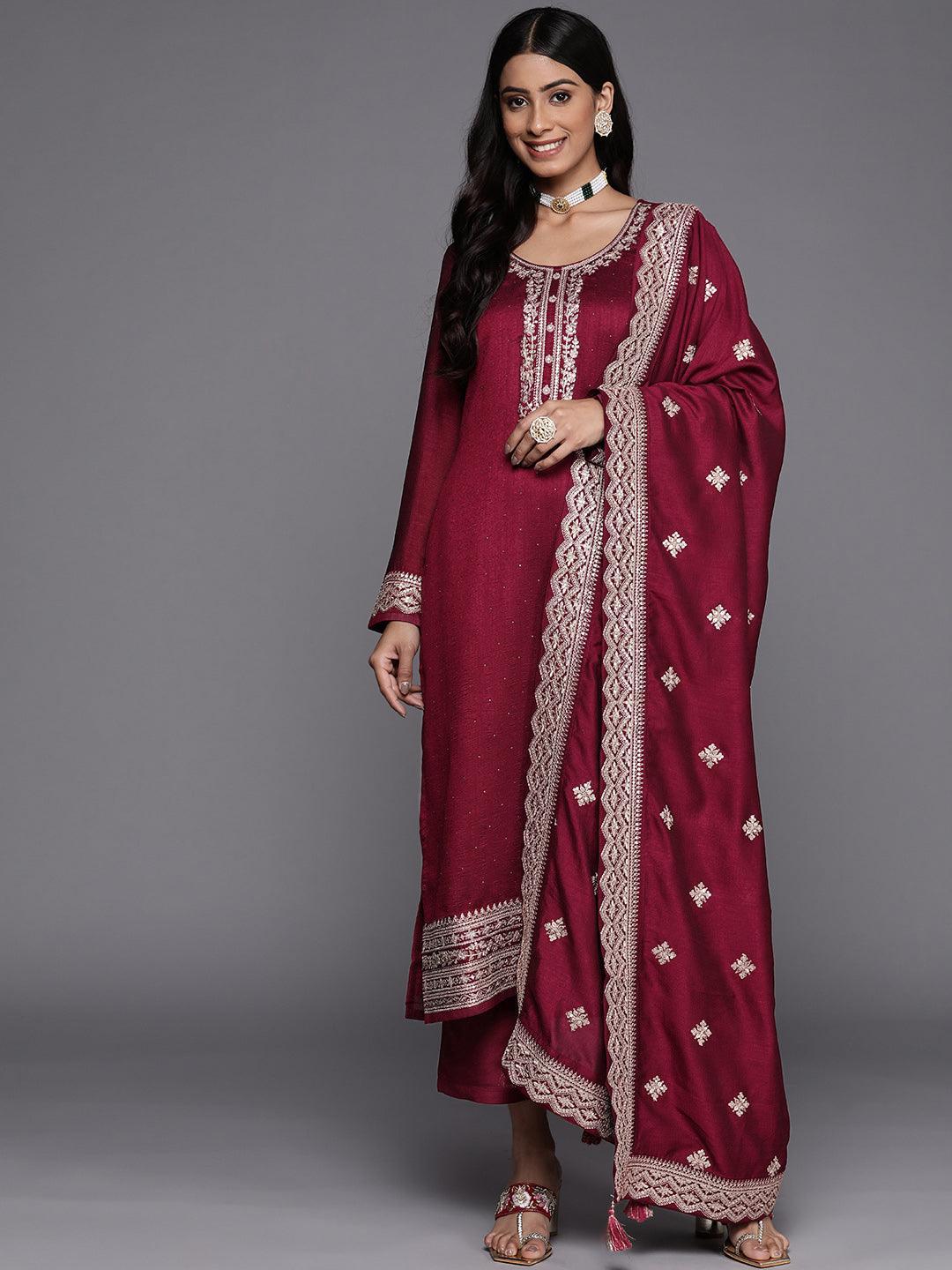 Fuchsia Embroidered Silk Blend Straight Suit Set - ShopLibas 
