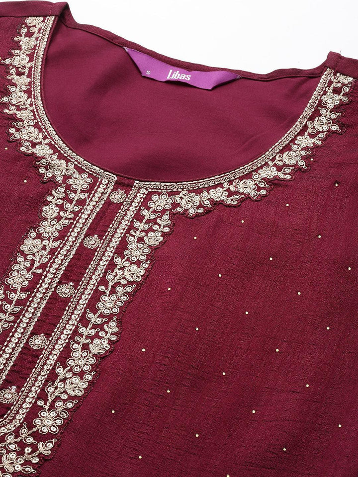 Fuchsia Embroidered Silk Blend Straight Suit Set